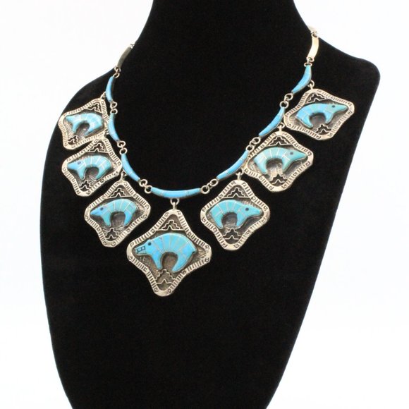 Stamped Derrick Cadman Navajo Sterling Silver Bear Inlaid Turquoise Necklace Set - Picture 2 of 11